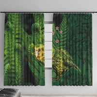 New Zealand Kkp Window Curtain Silver Fern with Close up of Green Fern Leaves and Maori Tattoo LT03 With Hooks Green - Polynesian Pride