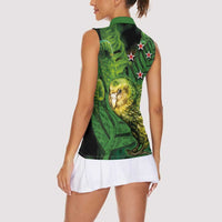 New Zealand Kkp Women Sleeveless Polo Shirt Silver Fern with Close up of Green Fern Leaves and Maori Tattoo LT03 - Polynesian Pride