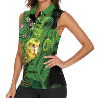 New Zealand Kkp Women Sleeveless Polo Shirt Silver Fern with Close up of Green Fern Leaves and Maori Tattoo LT03 - Polynesian Pride