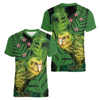 New Zealand Kkp Women V-Neck T-Shirt Silver Fern with Close up of Green Fern Leaves and Maori Tattoo LT03 - Polynesian Pride
