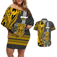 Hawaii Molokai Island Couples Matching Off Shoulder Short Dress and Hawaiian Shirt Hawaiian Warrior and Kakau Symbols Abstract Tattoo LT03 Yellow - Polynesian Pride