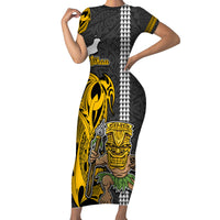 Hawaii Niihau Island Family Matching Short Sleeve Bodycon Dress and Hawaiian Shirt Hawaiian Warrior and Kakau Symbols Abstract Tattoo LT03 Mom's Dress Yellow - Polynesian Pride