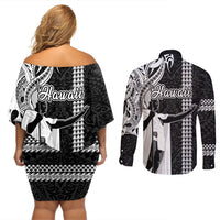 Hawaii Niihau Island Couples Matching Off Shoulder Short Dress and Long Sleeve Button Shirts Hawaiian King and Kakau Symbols Abstract Shoulder Tattoo LT03 - Polynesian Pride