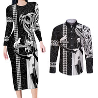 Custom Hawaii Niihau Island Couples Matching Long Sleeve Bodycon Dress and Long Sleeve Button Shirts Hawaiian King and Kakau Symbols Abstract Shoulder Tattoo LT03 Black - Polynesian Pride