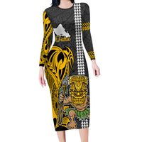 Hawaii Oahu Island Family Matching Long Sleeve Bodycon Dress and Hawaiian Shirt Hawaiian Warrior and Kakau Symbols Abstract Tattoo LT03 Mom's Dress Yellow - Polynesian Pride