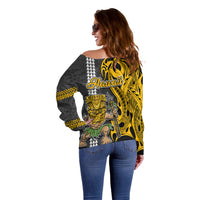Hawaii Oahu Island Off Shoulder Sweater Hawaiian Warrior and Kakau Symbols Abstract Tattoo LT03 - Polynesian Pride