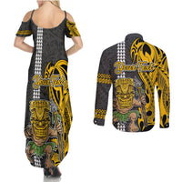 Custom Hawaii Oahu Island Couples Matching Summer Maxi Dress and Long Sleeve Button Shirts Hawaiian Warrior and Kakau Symbols Abstract Tattoo LT03 - Polynesian Pride