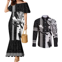 Hawaii Oahu Island Couples Matching Mermaid Dress and Long Sleeve Button Shirts Hawaiian King and Kakau Symbols Abstract Shoulder Tattoo LT03 Black - Polynesian Pride
