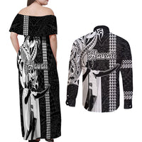 Hawaii Oahu Island Couples Matching Off Shoulder Maxi Dress and Long Sleeve Button Shirts Hawaiian King and Kakau Symbols Abstract Shoulder Tattoo LT03 - Polynesian Pride