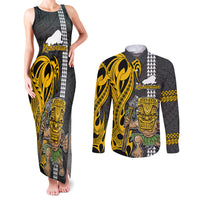 Hawaii Kahoolawe Island Couples Matching Tank Maxi Dress and Long Sleeve Button Shirts Hawaiian Warrior and Kakau Symbols Abstract Tattoo LT03 Yellow - Polynesian Pride
