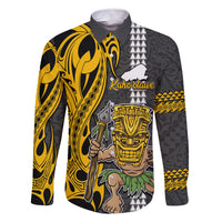 Custom Hawaii Kahoolawe Island Family Matching Off Shoulder Maxi Dress and Hawaiian Shirt Hawaiian Warrior and Kakau Symbols Abstract Tattoo LT03 Dad's Shirt - Long Sleeve Yellow - Polynesian Pride