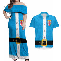 Fiji Merry Christmas Couples Matching Off Shoulder Maxi Dress and Hawaiian Shirt Santa Suit Style With Tapa Tribal Pattern LT03 Blue - Polynesian Pride