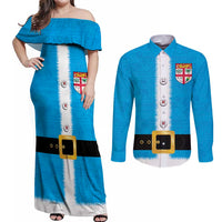 Fiji Merry Christmas Couples Matching Off Shoulder Maxi Dress and Long Sleeve Button Shirt Santa Suit Style With Tapa Tribal Pattern LT03 Blue - Polynesian Pride