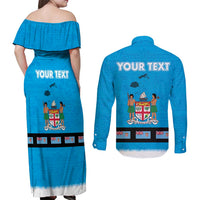 Fiji Merry Christmas Couples Matching Off Shoulder Maxi Dress and Long Sleeve Button Shirt Santa Suit Style With Tapa Tribal Pattern LT03 - Polynesian Pride