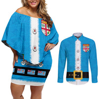 Fiji Merry Christmas Couples Matching Off Shoulder Short Dress and Long Sleeve Button Shirt Santa Suit Style With Tapa Tribal Pattern LT03 Blue - Polynesian Pride