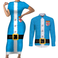 Fiji Merry Christmas Couples Matching Short Sleeve Bodycon Dress and Long Sleeve Button Shirt Santa Suit Style With Tapa Tribal Pattern LT03 Blue - Polynesian Pride