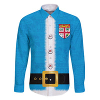 Fiji Merry Christmas Family Matching Off The Shoulder Long Sleeve Dress and Hawaiian Shirt Santa Suit Style With Tapa Tribal Pattern LT03 Dad's Shirt - Long Sleeve Blue - Polynesian Pride