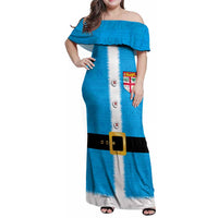Fiji Merry Christmas Family Matching Off Shoulder Maxi Dress and Hawaiian Shirt Santa Suit Style With Tapa Tribal Pattern LT03 Mom's Dress Blue - Polynesian Pride