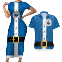 Samoa Merry Christmas Couples Matching Short Sleeve Bodycon Dress and Hawaiian Shirt Santa Suit Style With Tatau Tattoo Pattern LT03 Blue - Polynesian Pride