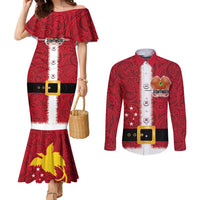 Papua New Guinea Merry Christmas Couples Matching Mermaid Dress and Long Sleeve Button Shirt Santa Suit Style With Melanesian Pattern LT03 Red - Polynesian Pride