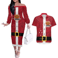 Papua New Guinea Merry Christmas Couples Matching Off The Shoulder Long Sleeve Dress and Hawaiian Shirt Santa Suit Style With Melanesian Pattern LT03 Red - Polynesian Pride