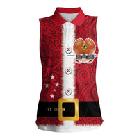 Papua New Guinea Merry Christmas Women Sleeveless Polo Shirt Santa Suit Style With Melanesian Pattern LT03 Female Red - Polynesian Pride