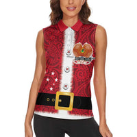 Papua New Guinea Merry Christmas Women Sleeveless Polo Shirt Santa Suit Style With Melanesian Pattern LT03 - Polynesian Pride