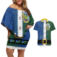 Solomon Islands Merry Christmas Couples Matching Off Shoulder Short Dress and Hawaiian Shirt Santa Suit Style With Melanesian Pattern LT03 Green - Polynesian Pride
