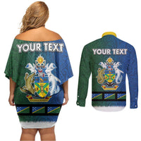 Solomon Islands Merry Christmas Couples Matching Off Shoulder Short Dress and Long Sleeve Button Shirt Santa Suit Style With Melanesian Pattern LT03 - Polynesian Pride