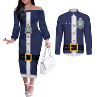Niue Merry Christmas Couples Matching Off The Shoulder Long Sleeve Dress and Long Sleeve Button Shirt Santa Suit Style With Hiapo Pattern LT03 Blue - Polynesian Pride
