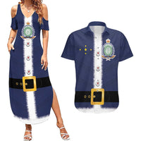 Niue Merry Christmas Couples Matching Summer Maxi Dress and Hawaiian Shirt Santa Suit Style With Hiapo Pattern LT03 Blue - Polynesian Pride