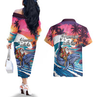 Hawaiian Mele Kalikimaka Couples Matching Off The Shoulder Long Sleeve Dress and Hawaiian Shirt Santa Claus Driving The Whale with Sunset Ocean Landscape LT03 - Polynesian Pride