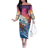 Hawaiian Mele Kalikimaka Family Matching Off The Shoulder Long Sleeve Dress and Hawaiian Shirt Santa Claus Driving The Whale with Sunset Ocean Landscape LT03 Mom's Dress Blue - Polynesian Pride