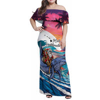 Hawaiian Mele Kalikimaka Family Matching Off Shoulder Maxi Dress and Hawaiian Shirt Santa Claus Driving The Whale with Sunset Ocean Landscape LT03 Mom's Dress Blue - Polynesian Pride