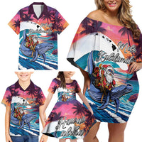 Hawaiian Mele Kalikimaka Family Matching Off Shoulder Short Dress and Hawaiian Shirt Santa Claus Driving The Whale with Sunset Ocean Landscape