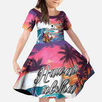 Hawaiian Mele Kalikimaka Family Matching Puletasi and Hawaiian Shirt Santa Claus Driving The Whale with Sunset Ocean Landscape LT03 Daughter's Dress Blue - Polynesian Pride