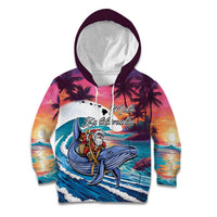 Hawaiian Mele Kalikimaka Kid Hoodie Santa Claus Driving The Whale with Sunset Ocean Landscape LT03 Hoodie Blue - Polynesian Pride