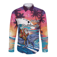 Hawaiian Mele Kalikimaka Long Sleeve Button Shirt Santa Claus Driving The Whale with Sunset Ocean Landscape LT03 Unisex Blue - Polynesian Pride