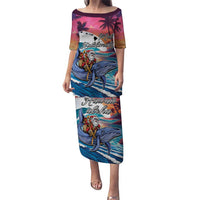 Hawaiian Mele Kalikimaka Puletasi Santa Claus Driving The Whale with Sunset Ocean Landscape LT03 Long Dress Blue - Polynesian Pride