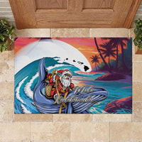 Hawaiian Mele Kalikimaka Rubber Doormat Santa Claus Driving The Whale with Sunset Ocean Landscape LT03 Blue - Polynesian Pride