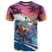 Hawaiian Mele Kalikimaka T Shirt Santa Claus Driving The Whale with Sunset Ocean Landscape LT03 Blue - Polynesian Pride