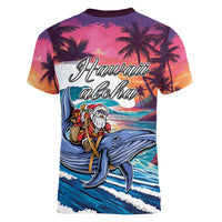 Hawaiian Mele Kalikimaka Women V-Neck T-Shirt Santa Claus Driving The Whale with Sunset Ocean Landscape LT03 - Polynesian Pride