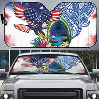 Guam and United States Together Auto Sun Shade Bald Eagle and Guam Seal with Flower and Tribal Tattoos LT03 Multicolor - Polynesian Pride