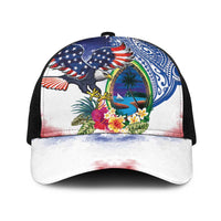 Guam and United States Together Baseball Net Cap Bald Eagle and Guam Seal with Flower and Tribal Tattoos LT03 One Size Black Multicolor - Polynesian Pride
