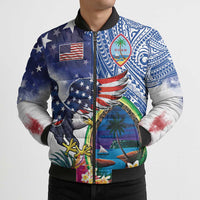Guam and United States Together Bomber Puffer Jacket Bald Eagle and Guam Seal with Flower and Tribal Tattoos LT03 - Polynesian Pride