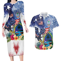 Guam and United States Together Couples Matching Long Sleeve Bodycon Dress and Hawaiian Shirt Bald Eagle and Guam Seal with Flower and Tribal Tattoos LT03 Multicolor - Polynesian Pride