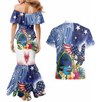 Guam and United States Together Couples Matching Mermaid Dress and Hawaiian Shirt Bald Eagle and Guam Seal with Flower and Tribal Tattoos LT03 - Polynesian Pride
