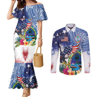 Guam and United States Together Couples Matching Mermaid Dress and Long Sleeve Button Shirt Bald Eagle and Guam Seal with Flower and Tribal Tattoos LT03 Multicolor - Polynesian Pride