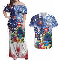 Guam and United States Together Couples Matching Off Shoulder Maxi Dress and Hawaiian Shirt Bald Eagle and Guam Seal with Flower and Tribal Tattoos LT03 Multicolor - Polynesian Pride