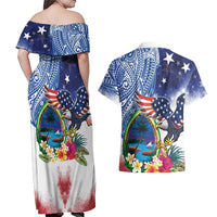 Guam and United States Together Couples Matching Off Shoulder Maxi Dress and Hawaiian Shirt Bald Eagle and Guam Seal with Flower and Tribal Tattoos LT03 - Polynesian Pride